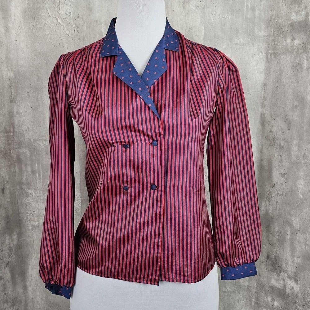 Vintage 80s Lecomte Womens M Red Navy Striped Dbl‎ Breasted Silky Poly Blouse